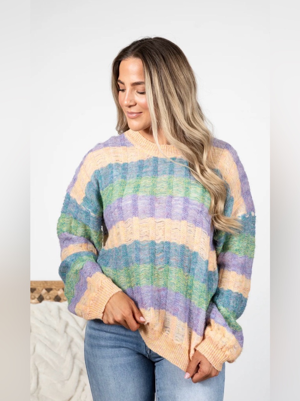 NWT New In Women’s Multicolor Striped Soft Crew Neck Sweater Yellow - Size S